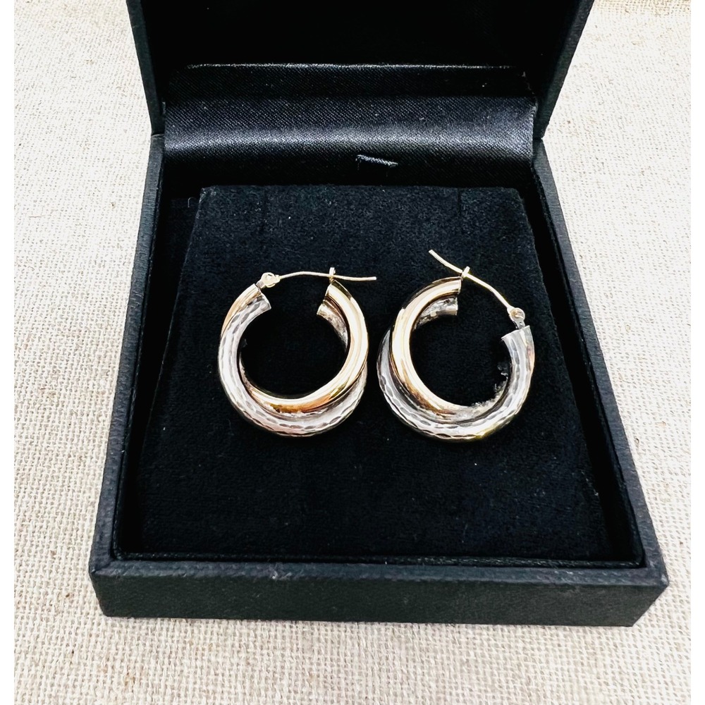 14K Yellow Gold & 925 Sterling Silver Two-Tone Hammered Hoop Earrings
